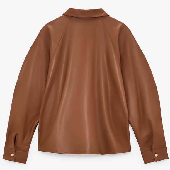 NWT ZARA Warm Cognac Brown Faux Leather Gathered Sleeve Overshirt M - Picture 4 of 6